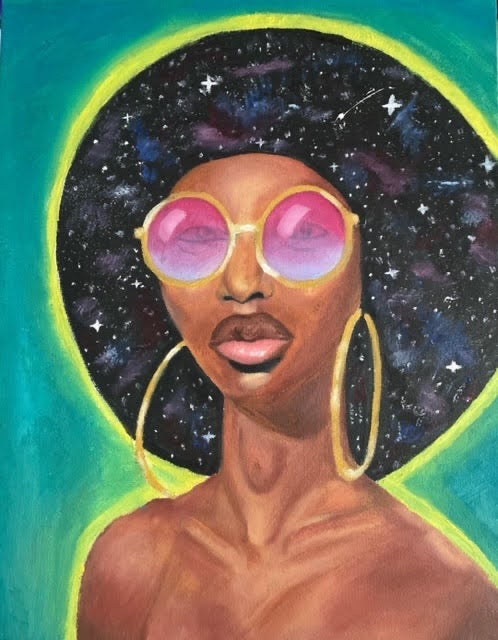 Artistic depiction of a person wearing large sunglasses with a cosmic hair.