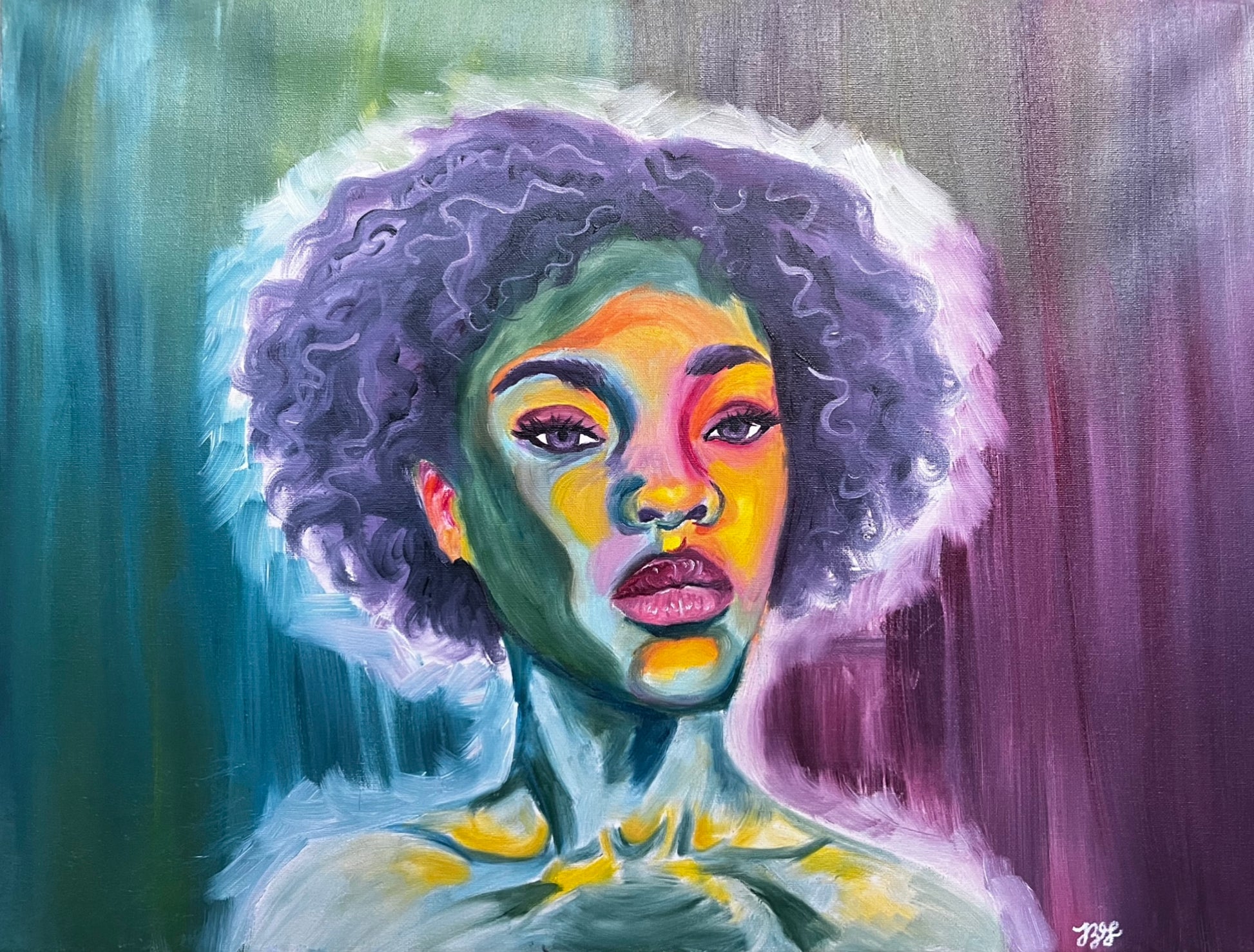 Colorful painting of a woman with an afro against a gradient background