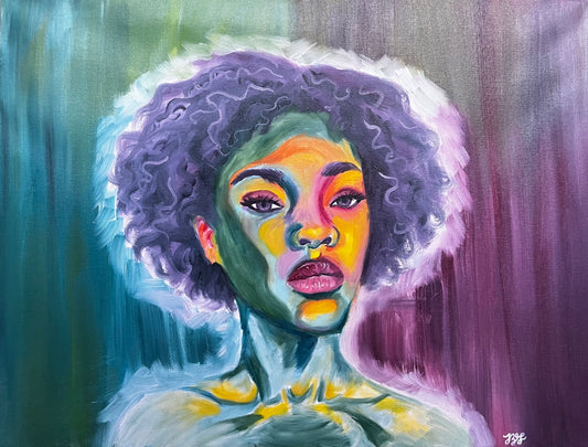 Colorful painting of a woman with an afro against a gradient background