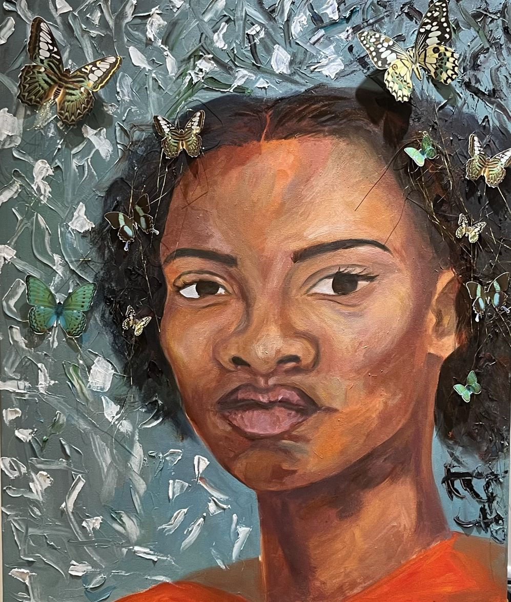 Artistic portrait of a woman with butterflies around her head against a textured gray background.