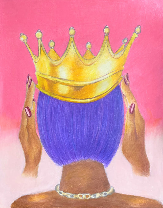 Illustration of a black woman with a purple wig wearing a gold crown on a pink background
