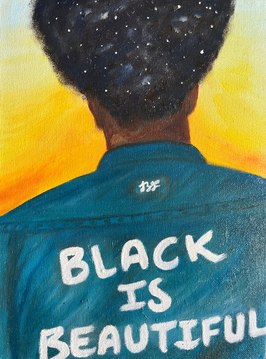 Artistic depiction of a person with 'Black is Beautiful' text on their back against a yellow and blue gradient background.