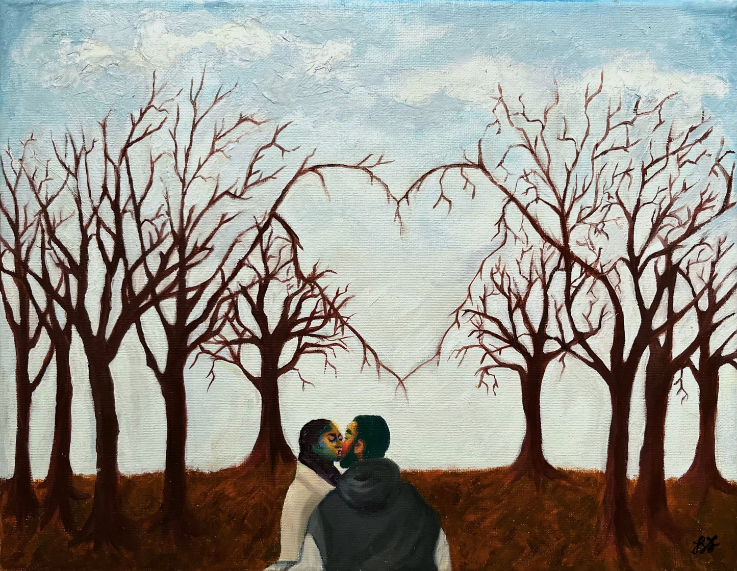 Painting of a couple kissing with a background of bare trees with branches that form a heart in the center.