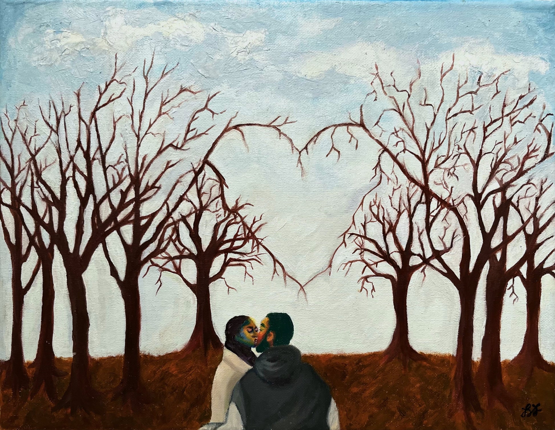 Painting of a couple kissing with a background of bare trees with branches that form a heart in the center.