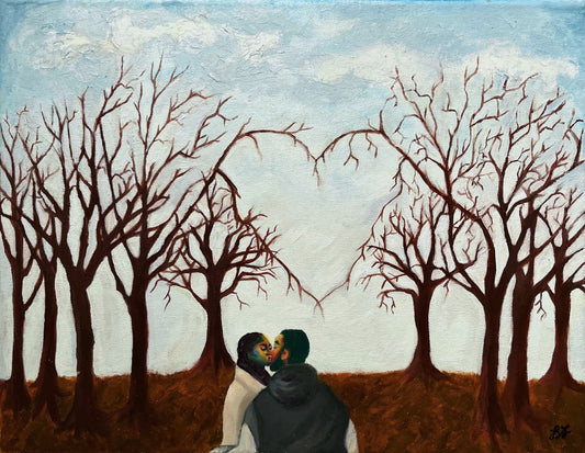 Painting of a couple kissing with a background of bare trees with branches that form a heart in the center.